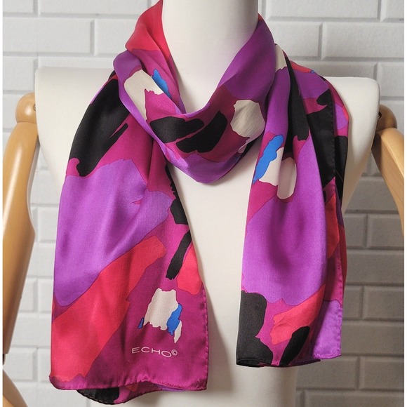 Echo Accessories - Vintage 1990s Echo Silk Scarf Purple Abstract Modernist Oblong Puffy Edge